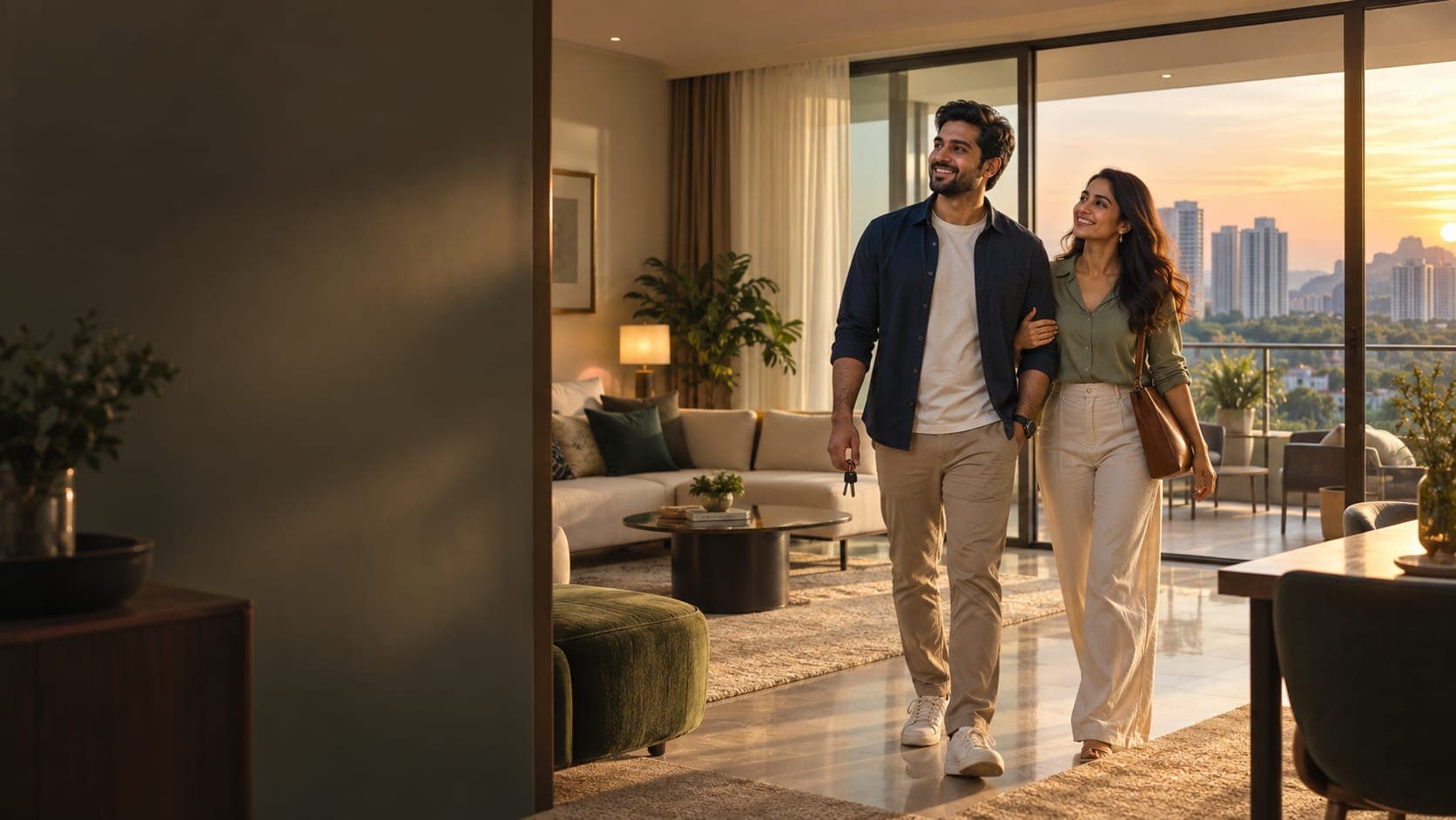A couple walking into a sunlit Hyderabad apartment holding the keys