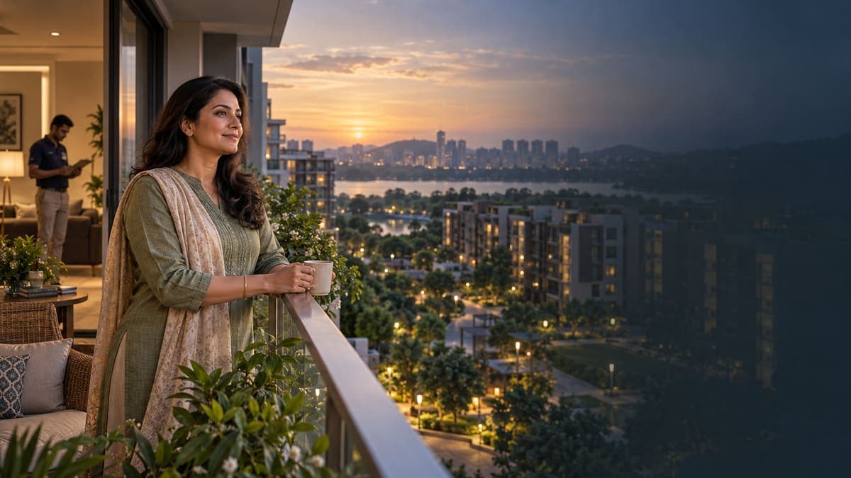 An owner on a Hyderabad apartment balcony at sunset while a property manager works inside