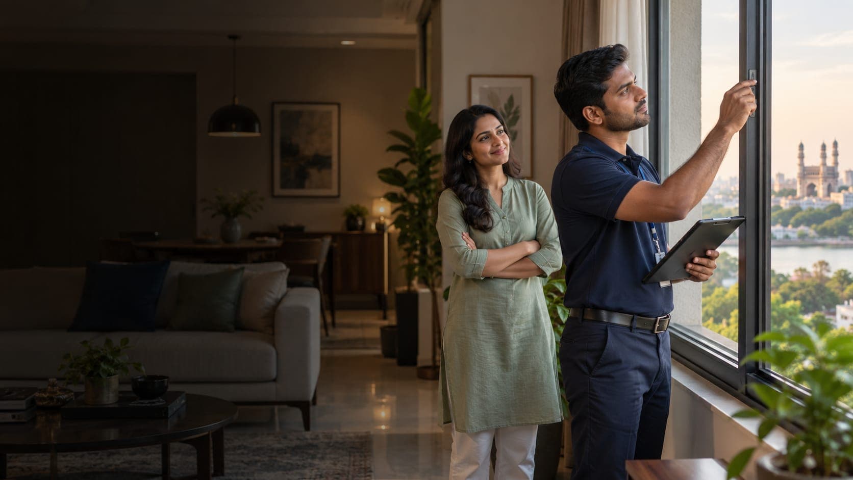 A SmartLiveIn property manager checking a window while the owner looks on