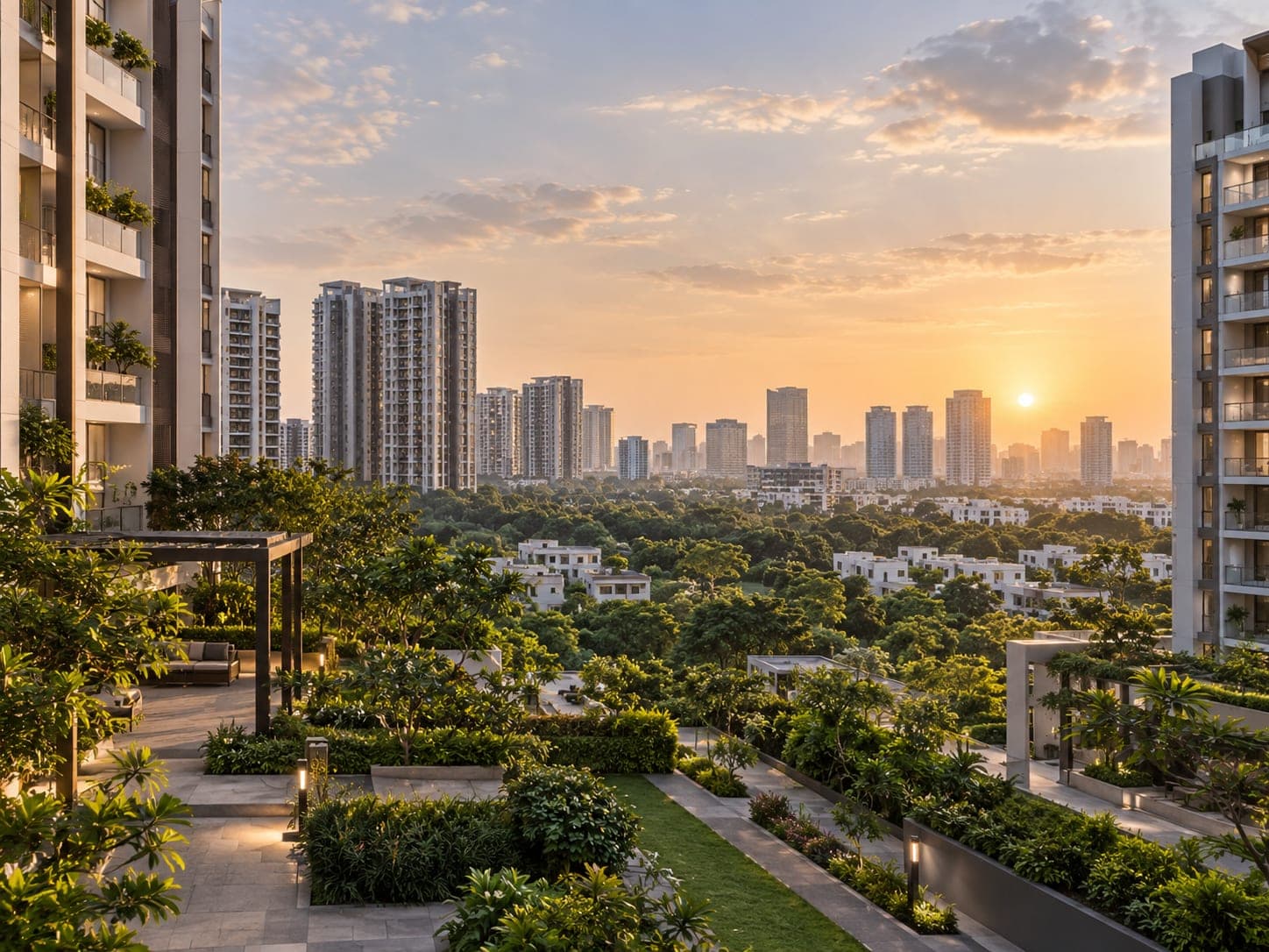 West Hyderabad residential towers and gardens at sunset