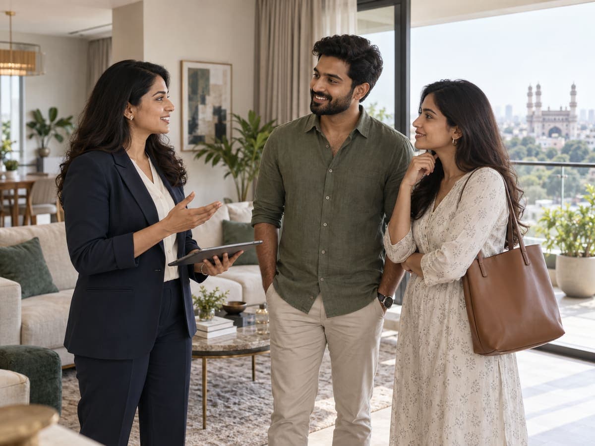 An advisor showing a couple around a Hyderabad apartment