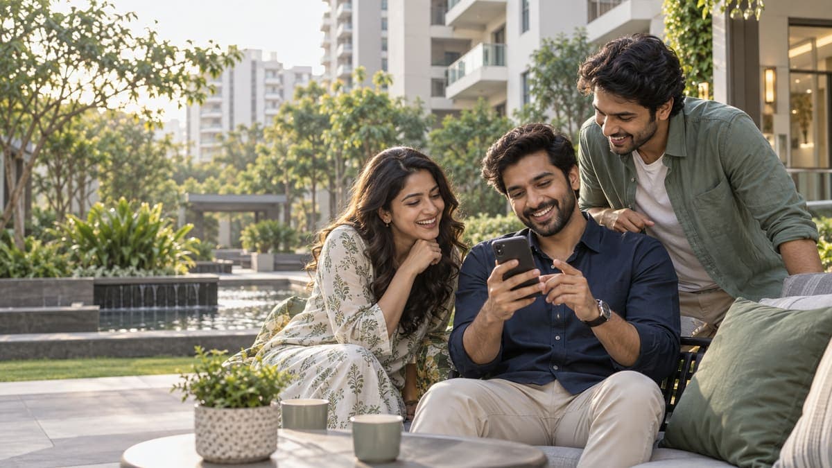 Friends looking at homes together on a phone in a residential courtyard
